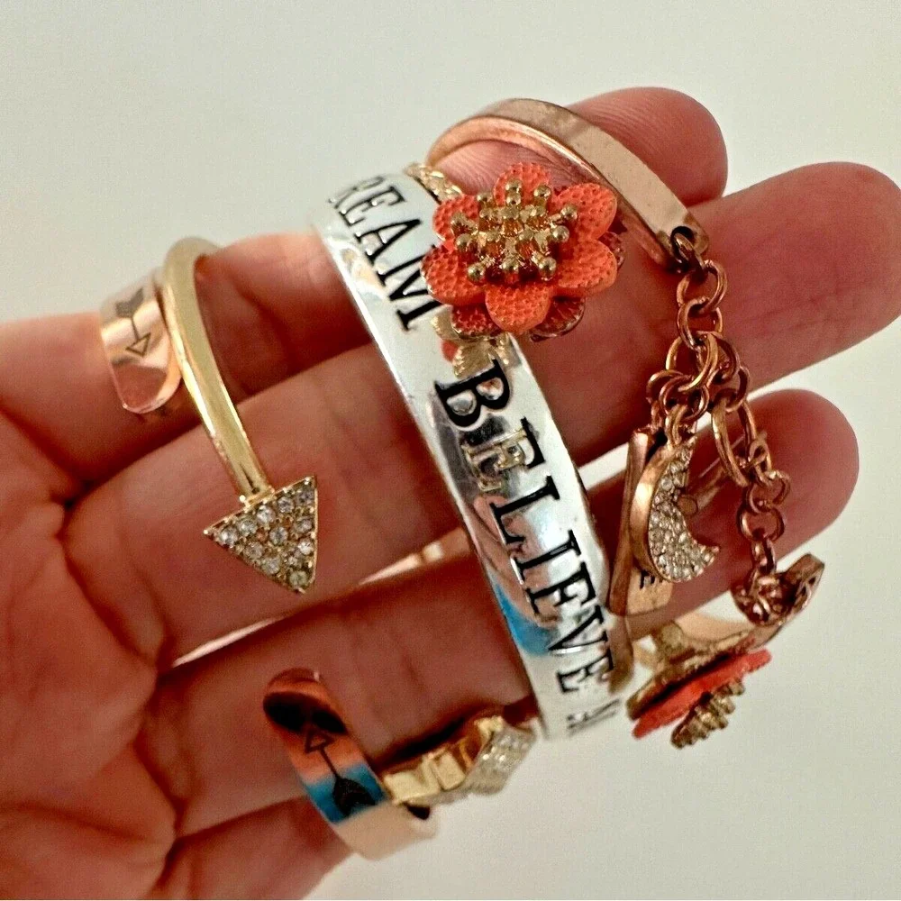 Cuff Bracelet Arrow Inspirational Flower Believe Silver Rose Gold Tones Lot of 5